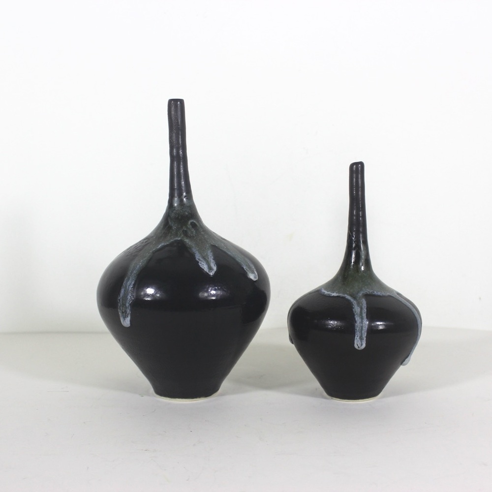 Vintage Pair Studio Art Pottery Vases with Drip Glaze Fat Lava Mid Century Moder